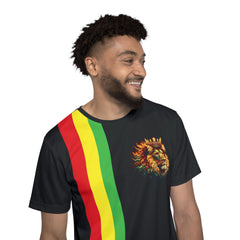 Rasta Lion Stripe Sports Jersey — Men's Black Athletic Tee with Red Yellow Green Stripe