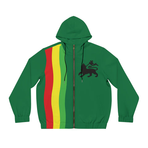 Green Rasta Lion Full-Zip Hoodie — 'Jah Guide!' Yellow Zip-Up with Red, Gold & Green Stripes
