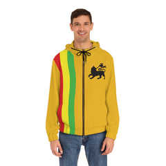Rasta Lion Full-Zip Hoodie — 'Jah Guide!' Yellow Zip-Up with Red, Gold & Green Stripes
