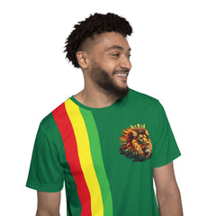 Green Rasta Lion Stripe Sports Jersey — Men's Black Athletic Tee with Red Yellow Green Stripe