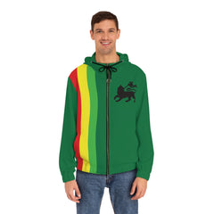 Green Rasta Lion Full-Zip Hoodie — 'Jah Guide!' Yellow Zip-Up with Red, Gold & Green Stripes
