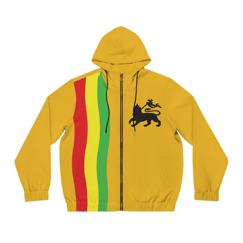 Rasta Lion Full-Zip Hoodie — 'Jah Guide!' Yellow Zip-Up with Red, Gold & Green Stripes