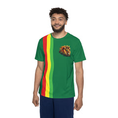 Green Rasta Lion Stripe Sports Jersey — Men's Black Athletic Tee with Red Yellow Green Stripe