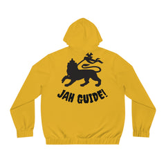 Rasta Lion Full-Zip Hoodie — 'Jah Guide!' Yellow Zip-Up with Red, Gold & Green Stripes