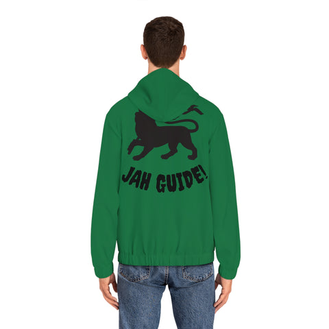 Green Rasta Lion Full-Zip Hoodie — 'Jah Guide!' Yellow Zip-Up with Red, Gold & Green Stripes