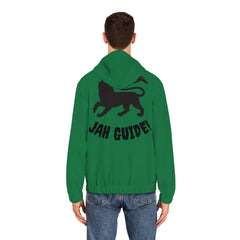 Green Rasta Lion Full-Zip Hoodie — 'Jah Guide!' Yellow Zip-Up with Red, Gold & Green Stripes
