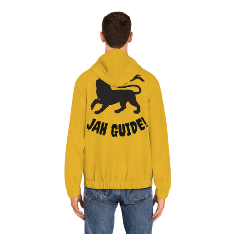 Rasta Lion Full-Zip Hoodie — 'Jah Guide!' Yellow Zip-Up with Red, Gold & Green Stripes