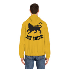 Rasta Lion Full-Zip Hoodie — 'Jah Guide!' Yellow Zip-Up with Red, Gold & Green Stripes