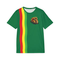 Green Rasta Lion Stripe Sports Jersey — Men's Black Athletic Tee with Red Yellow Green Stripe